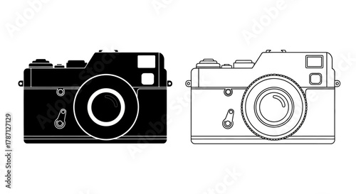Vintage camera illustration in black and white showing front and side views