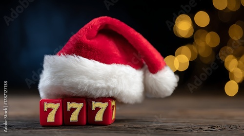 Santa Claus hat on jackpot sign 777 - horizontal, blurred background