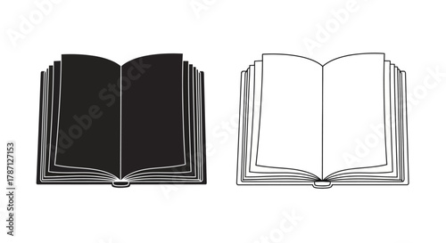 Two open books presented in contrasting black and white line art styles