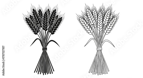 Black and white illustration depicting bundles of wheat stalks tied together