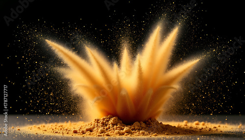 Yellow Powder Explosion with Dynamic Dust Particles Against Black Background