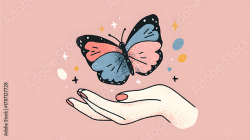 Isolated white background macro image showing a beautiful monarch butterfly with orange and black wings flying onto a hand