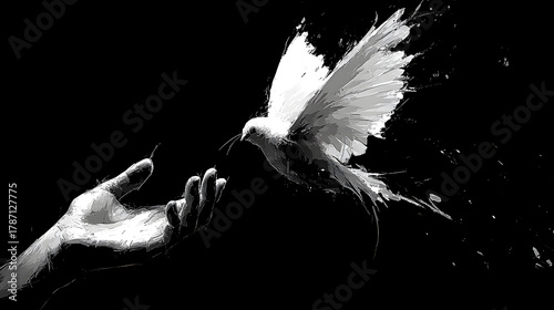 Black vector silhouette of hand with white dove in flight for peace symbol illustration