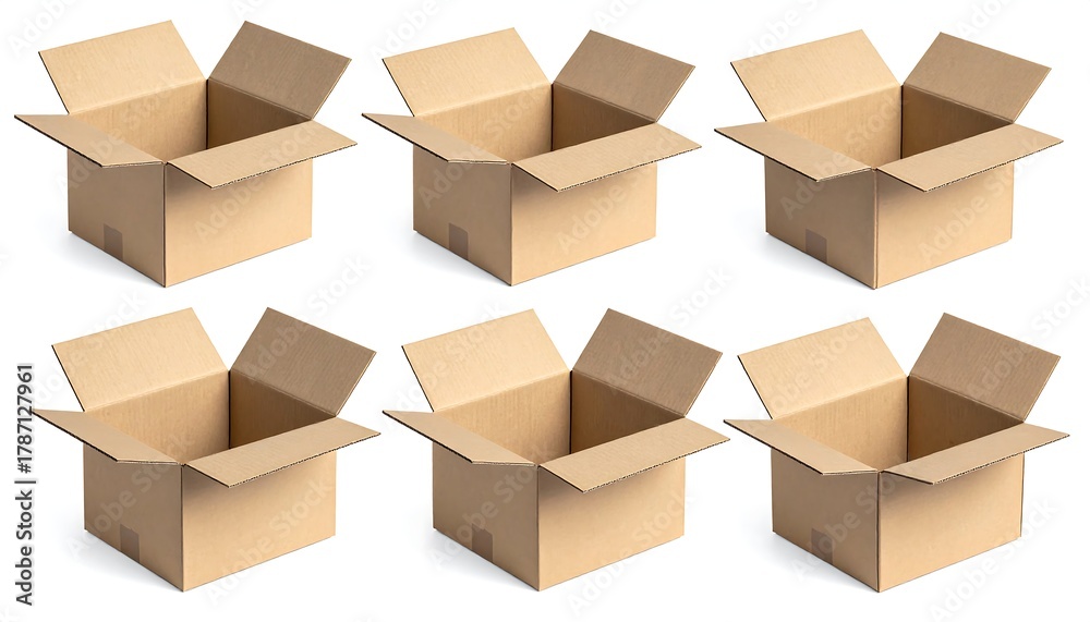 Fototapeta premium Six empty brown rectangular cartons, each with open flaps, isolated on white