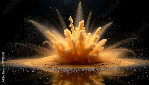 Yellow Powder Explosion with Dynamic Dust Particles Against Black Background