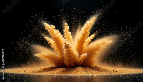 Yellow Powder Explosion with Dynamic Dust Particles Against Black Background