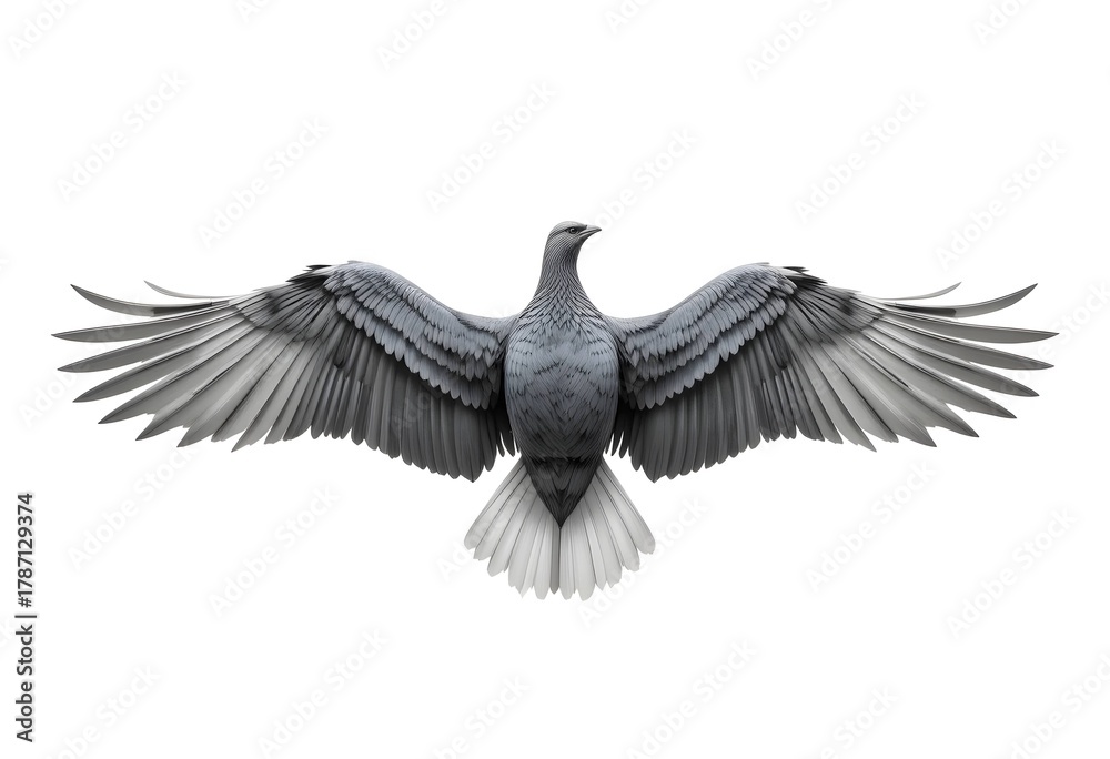 Fototapeta premium Gray bird or dove with wings fully spread, isolated on white background, freedom peace symbol design.