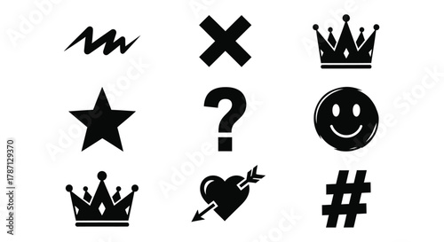 Black symbols vector icons set star crown heart question mark smile