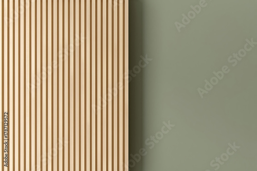 Modern interior design with vertical wood slat wall and muted sage green