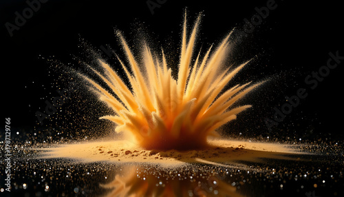 Yellow Powder Explosion with Dynamic Dust Particles Against Black Background