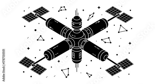 Modern space station orbiting Earth with solar panels and stars