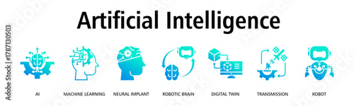 Artificial Intelligence banner web icon vector illustration concept with icon of AI, machine learning, neural implant, robotic brain, digital twin, transmission, robot