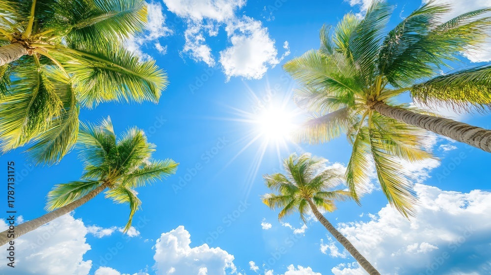 Fototapeta premium A sunny day on the coast with swaying palm trees and crystal sky, symbolizing carefree vacation and calm