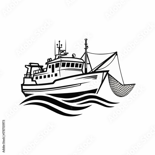 Fishing boat with net sailing on wavy water illustration.