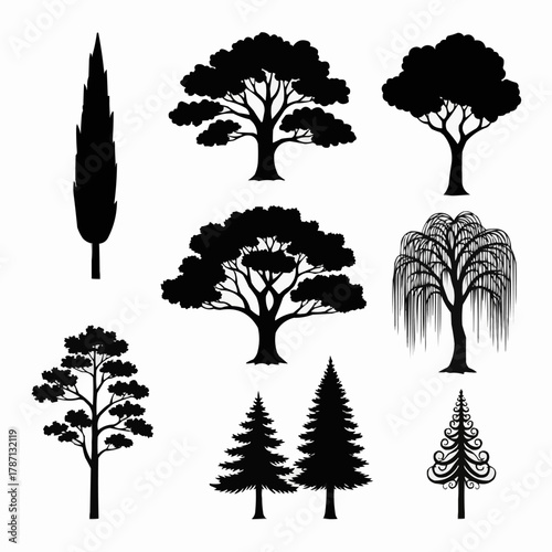 Collection of Diverse Tree Silhouettes in Black and White.