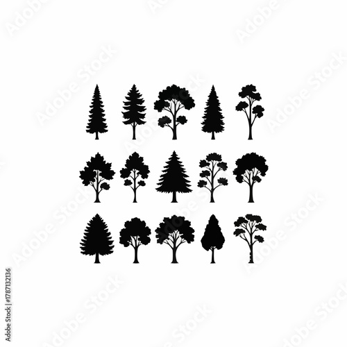 Collection of various tree silhouettes, illustrating different species and shapes.