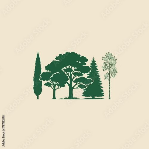 Collection of Diverse Green Tree Silhouettes Against a Light Background.