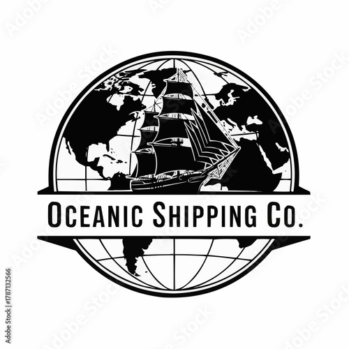 Vintage Oceanic Shipping Co. Logo with Sailing Ship and Globe.