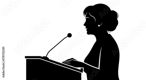 Confident businesswoman speaking at podium with microphone for presentation