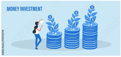 Money investment. Big Piggy Bank and Stack of Money. Insurance and Funded financial investment planning savings	
