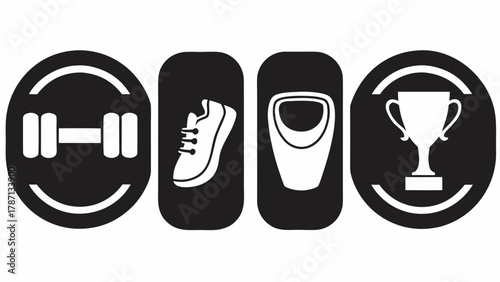 Fitness and wellness journey: Icons showcase strength training, running, body composition, and achievement, perfect for gyms, health apps, and motivational content