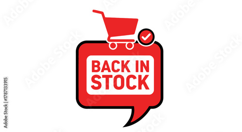 Exciting back in stock alert with shopping cart and checkmark!