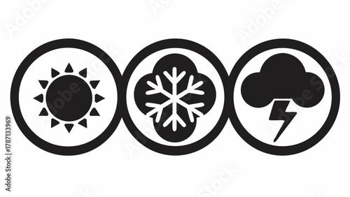 Weather forecast icons representing sun, snow, and storm in a modern, scalable design perfect for weather apps, websites, and environmental reports.