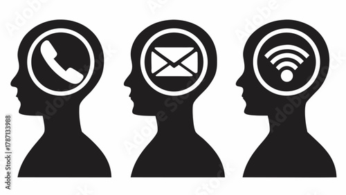 Connected communication icons featuring phone call, email and wifi inside head profiles, symbolizing modern connection and thinking about technology