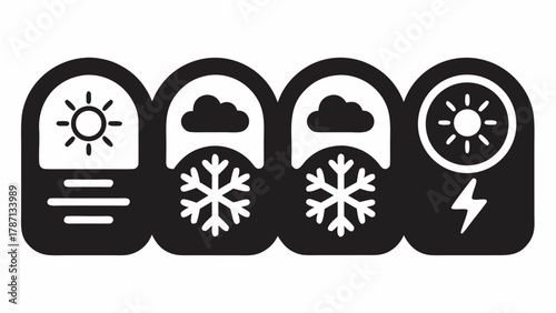 Weather forecast icons with sun, cloud, snow, and lightning symbols, perfect for weather apps and meteorological designs predicting seasonal changes