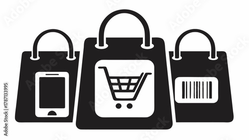Modern shopping bags with mobile technology, shopping cart, and barcode icons, symbolizing innovative retail, e-commerce, and digital sales solutions
