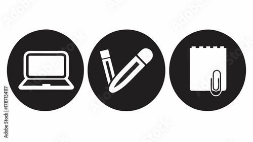 Professional vector icon set featuring laptop, design tools, and notepad for dynamic business presentations and modern website design elements with clean style