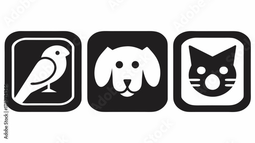 Charming pet icons featuring a bird, dog, and cat, perfect for animal lovers and pet-related businesses, originally a scalable vector graphic
