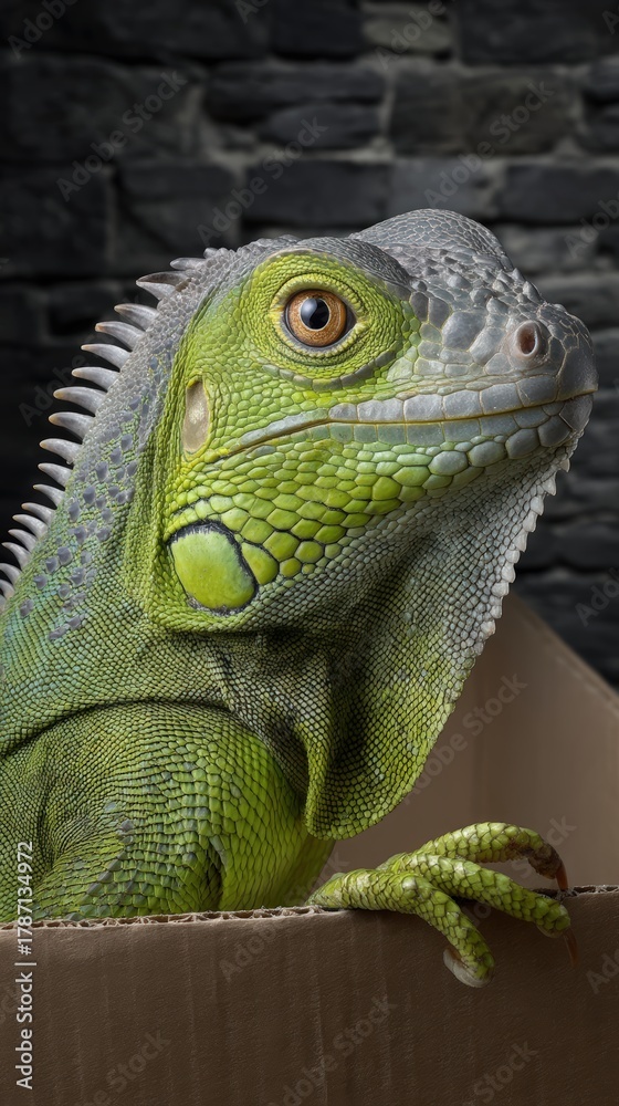 Obraz premium Photorealistic close-up vertical shot of an iguana's face, partially hidden behind a cardboard box, showing one bright green eye and top of head with ears peeking over the edge. A sunset glow