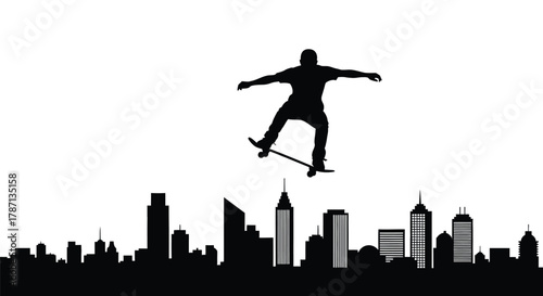 Skater performs aerial trick over vibrant city skyline at sunset