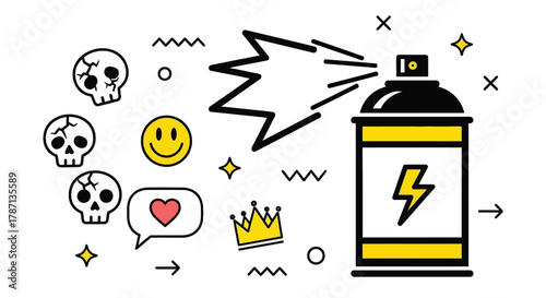 Spray paint art graffiti skulls crown heart emoji lightning design