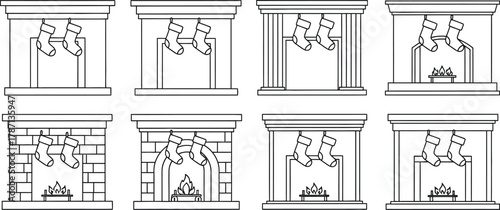 Collection of fireplace with stocking for coloring book or page