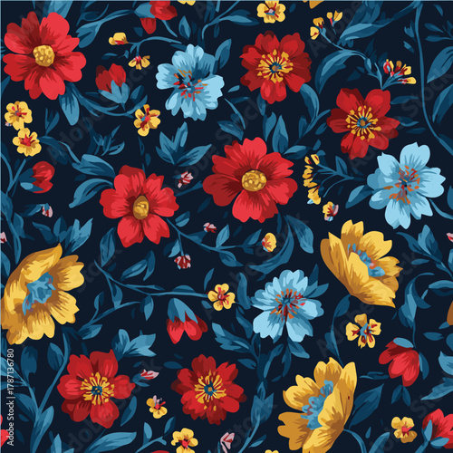 Seamless pattern of folk art floral illustration, dense scattered blooms and winding leaves