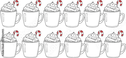 Row of mugs with whipped cream and candy cane, perfect for holiday designs