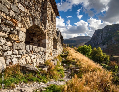Ancient stone building on hillside with dramatic mountain vista
