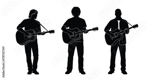 Musicians playing acoustic guitars, silhouette, diverse styles