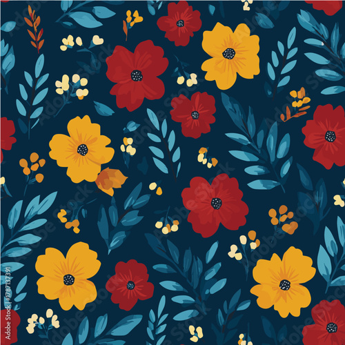 Seamless pattern of folk art floral illustration, dense scattered blooms and winding leaves