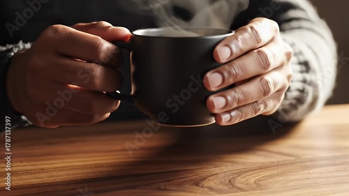 Close up of hands holding a warm mug of steaming coffee on a wooden table.