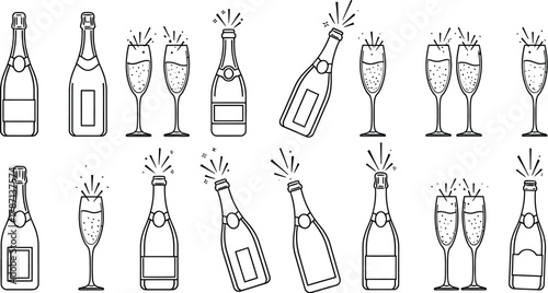 Collection of champagne bottles and glasses, black and outline drawing