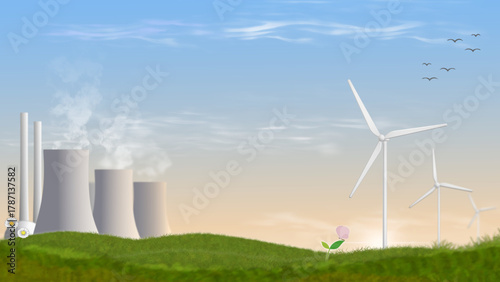 Illustration of a nuclear power plant and wind turbines working together in harmony, symbolizing clean energy transition and sustainable development.