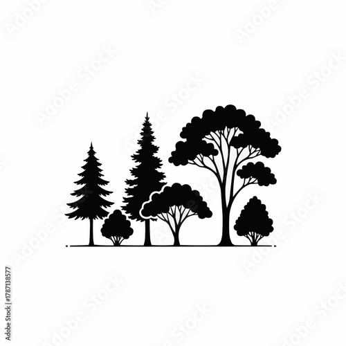 Silhouette of various trees in a forest setting, nature scene, black and white.