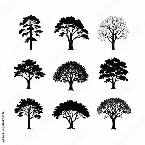 Diverse collection of black tree silhouettes on white background.