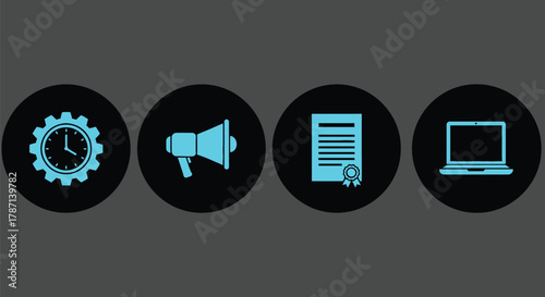 Business icons clock megaphone certificate laptop convey success and efficiency
