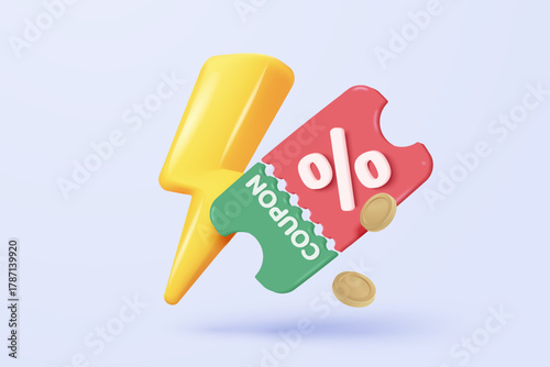 3D thunder bolt icons with coupon for sales and shopping online, discount coupon of cash. flash lightning on time alert notice special offer promotion. 3d price tags icon vector render illustration