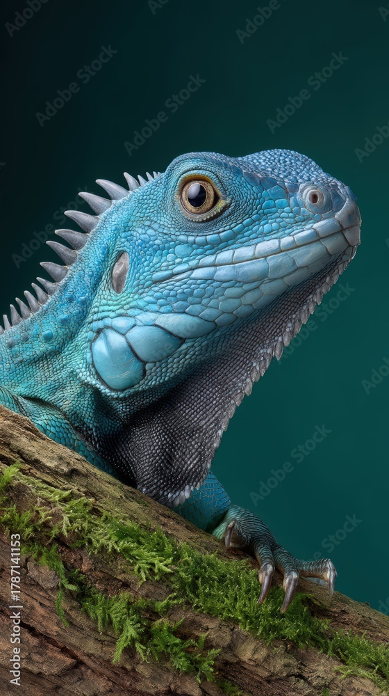 Fototapeta premium Photorealistic close-up vertical shot of an iguana's face, partially hidden behind a mossy log, showing one icy blue eye and top of head with ears peeking over the edge. A single spotlight