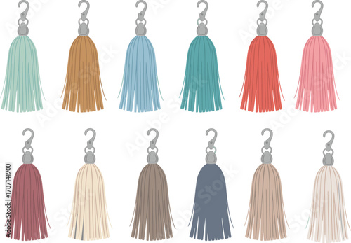 Colorful leather tassel keychain collection, hanging accessories set, handmade fringe charm vector illustration, decorative fashion keyring design, flat CAD drawing